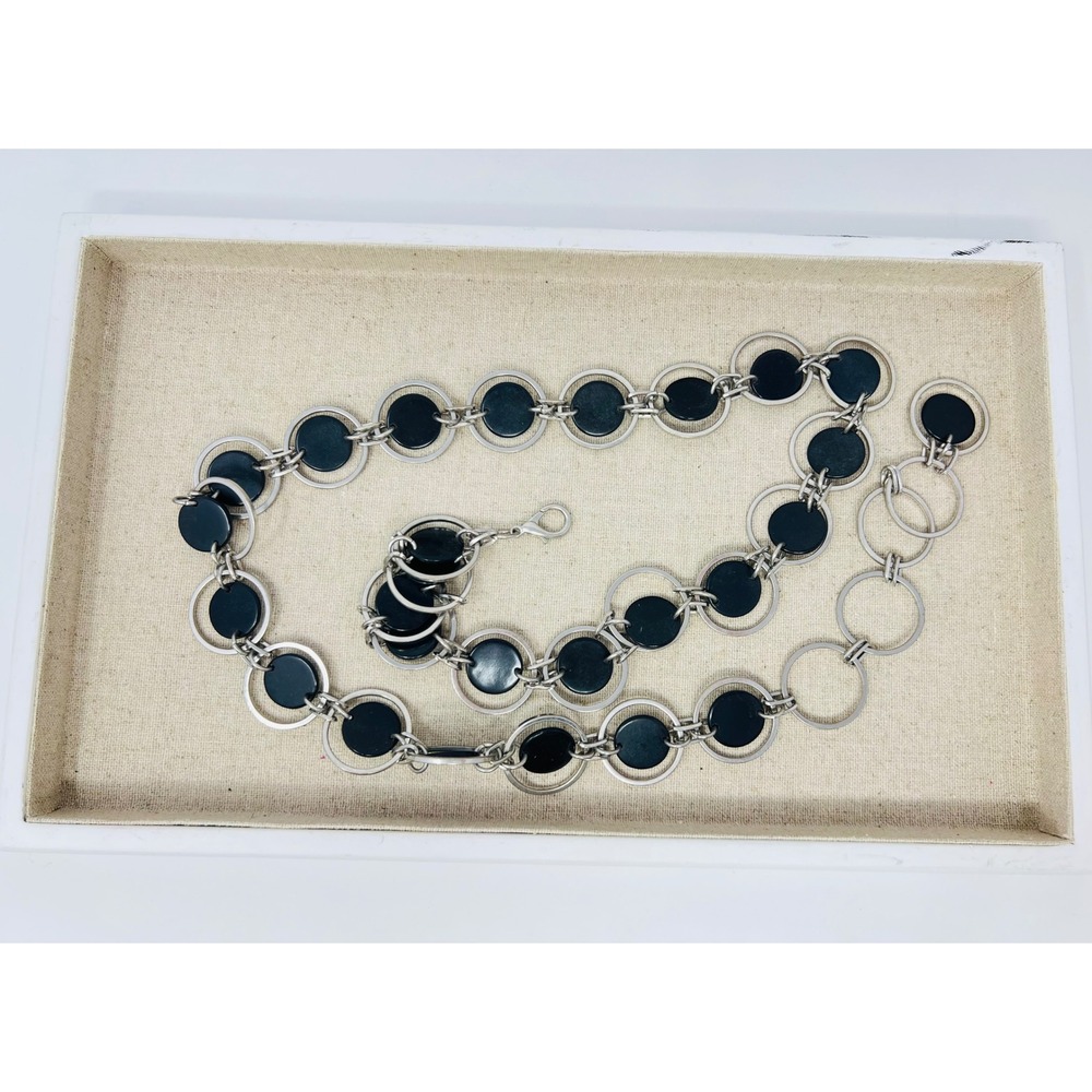 Vintage Silver Tone Black Disc Ring Chain Belt Adjustable Geometric Mod Style